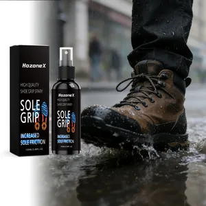 HozoneX shoe grip spray 100ml bottle and box shown with boot on wet rainy street