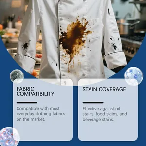 Powerful fabric stain remover cleaning soiled chef coat with food and oil stains