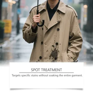 Detailed view of spot treatment on a stained beige trench coat in the rain