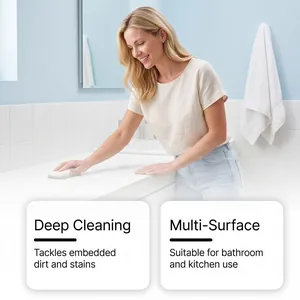 Usage scene of oxalic acid stain remover on white bathroom tiles with a sponge.