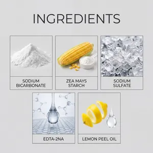 Detail showing ingredients of foam toilet cleaner such as sodium bicarbonate and lemon oil