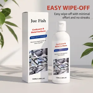 Detailansicht des Jue Fish Kochgeschirr- und Metallreinigers mit Flasche und Karton