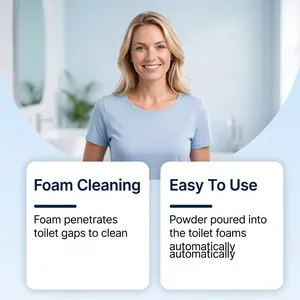 Details of foaming toilet cleaner powder showing ease of use and cleaning efficacy