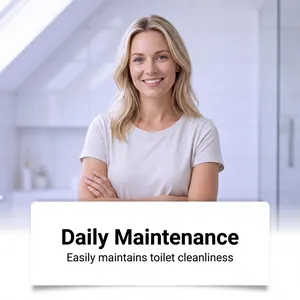 Happy woman in clean bathroom showing results of effective foaming toilet cleaner