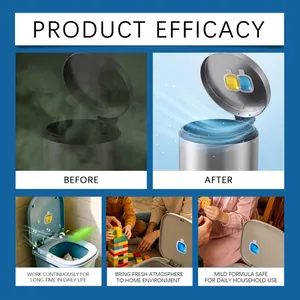 Detail of trash can deodorizer pods showing before and after fresh fragrance effect