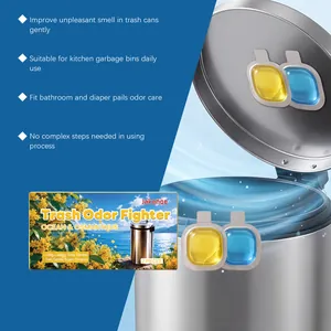 Close-up of Trash Odor Fighter gel capsules and packaging for kitchen garbage bins