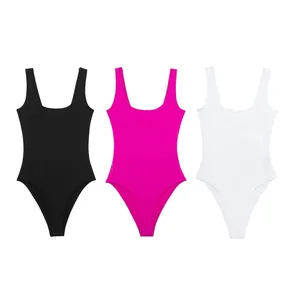 Variety of solid color U-neck sleeveless stretchy bodysuits in black, pink, and white colors