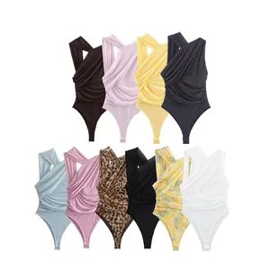 Women Sexy One Shoulder Sleeveless Bodysuit Polyester Knitted Ruched Slim Fit Leotard Jumpsuit For Party Club Streetwear