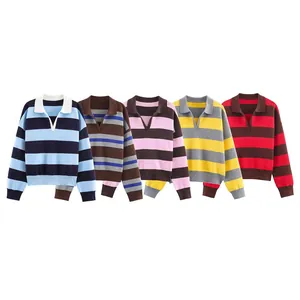 Variety of colorful striped polo neck long-sleeve knit sweaters for women in autumn.