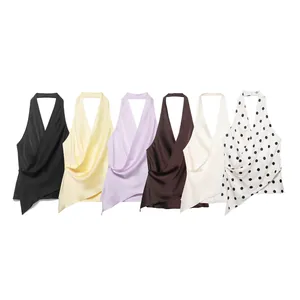 Western Style Sexy Halter Neck Satin Texture Wrap Top Women Asymmetric Hem Backless Sleeveless Cowl Neck Crossover Party Top