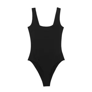 Front view of a minimalist black U-neck sleeveless elastic knitted bodysuit for women