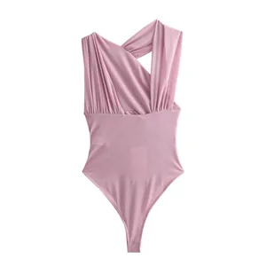 Elegant pink asymmetric pleated sleeveless bodysuit with cross-shoulder design for women
