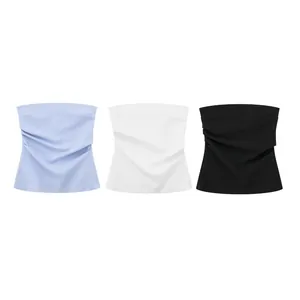 Tops de tubo fruncidos sin tirantes para mujer en elegantes colores azul, blanco y negro