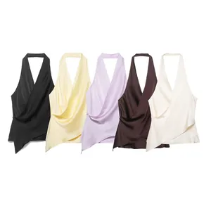 Elegant women's satin halter neck wrap tops shown in five stylish assorted colors