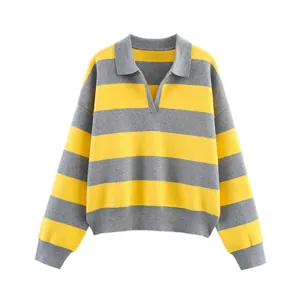Yellow and gray striped women's knit sweater with polo collar and long sleeves design