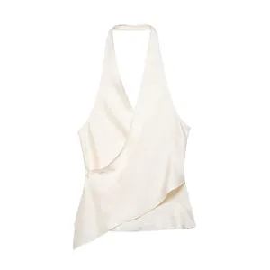Elegant off-white satin halter neck wrap top for women featuring a smooth, silky finish.