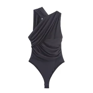 Elegant sleeveless bodysuit with asymmetric diagonal neckline and draped ruching detail