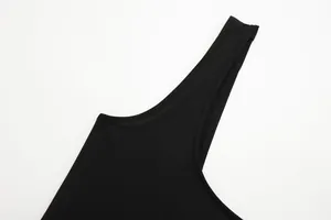 Detail view of shoulder strap and stitching on a black slim-fit sleeveless bodysuit.