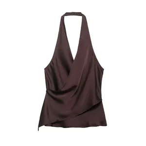 Elegant chocolate brown satin halter neck top featuring draped cross hem design and V-neckline