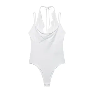 Detailed front view of a minimalist white lace halter neck sleeveless bodysuit design