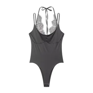 Front detail view of a grey sleeveless halter neck bodysuit with delicate lace splicing