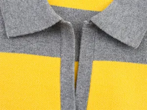 Close-up detail showing the yellow and gray striped polo collar of this knit sweater