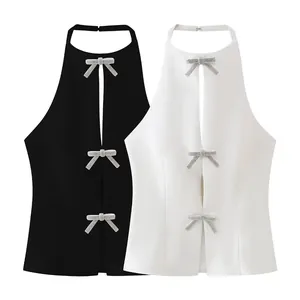 Women Halter Neck Top With Rhinestone Bow Detail Sexy Backless Summer Jewelry Bow Halter Top Polyester Sleeveless Shirt