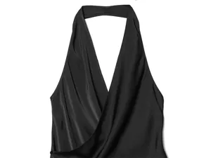 Close-up detail of sexy black satin halter neck top with wrap design