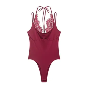 Elegant burgundy bodysuit featuring delicate lace trim and a stylish halter neck design.