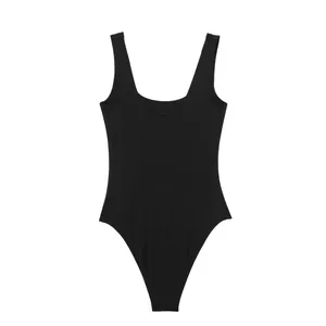 Close-up detail of a professional black U-neck sleeveless stretchy knit bodysuit flat lay.