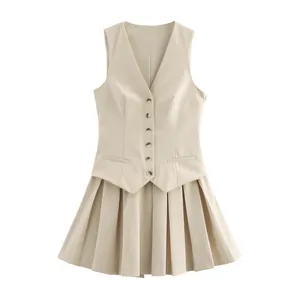 Elegant beige vest-style dress with a V-neck buttoned top and a pleated skirt design