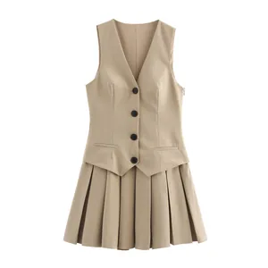 Front view of a khaki sleeveless V-neck vest dress with a wide pleated skirt.