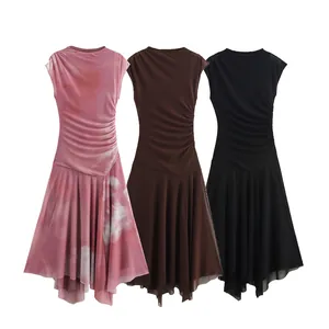 Vestido Midi Sexy de Malla Fruncido para Mujer Sin Mangas Cuello Redondo Dobladillo Asimétrico Poliéster Estampado Tie-Dye