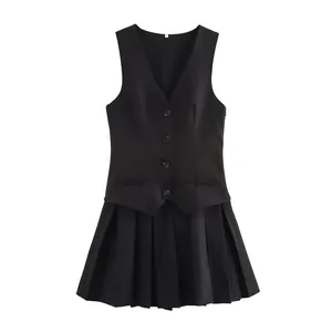 Detailed front view of a black sleeveless V-neck vest pleated dress with button accents