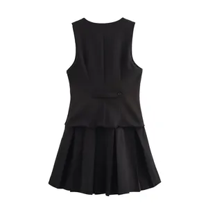 Back view of a stylish black sleeveless dress featuring wide pleated skirt details