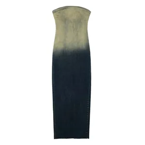 Vestito Midi in Denim a Fascia Vintage da Donna Lavato Distressed Blocchi di Colore Slim Fit Vestito con Spacco