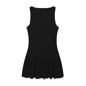 Detailed back view of an elegant black sleeveless mini dress with ruffled hem design details.