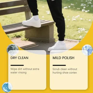 Detailansicht der Vorteile der weißen Schuhreinigungscreme zur wasserlosen Reinigung.