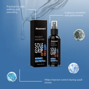 Detail of HozoneX shoe grip spray showing 100ml bottle and box with functional benefits