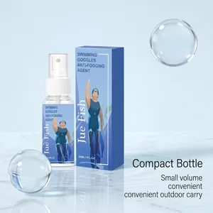 Macro view of Jue Fish swimming goggles anti-fogging agent spray bottle with blue packaging box.