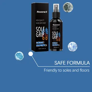 Macro view of HozoneX shoe grip spray bottle highlighting safe formula and materials