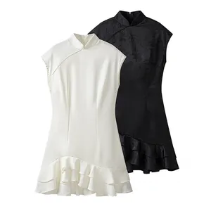 Women Sexy Slim Fit Sleeveless Dress Stand Collar Ruffle Hem Modified Cheongsam European Style Jacquard Woven Bodycon Dress