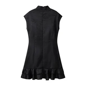 Rear view of black sleeveless cheongsam dress with ruffled hem and jacquard pattern
