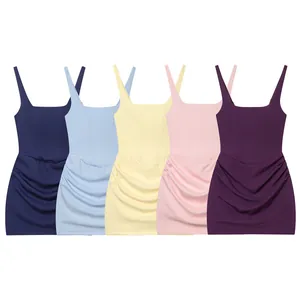 Multiple colors of sleeveless bodycon ruched mini dresses shown in a flat lay display
