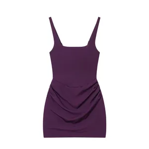 Dark purple sleeveless bodycon mini dress with square neck and ruched detailing