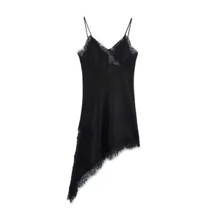 Seductive black satin slip dress featuring delicate lace trim and an asymmetric hemline