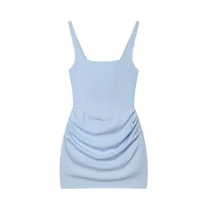 Detailed view of a light blue sleeveless corset dress with a ruched mini skirt design.
