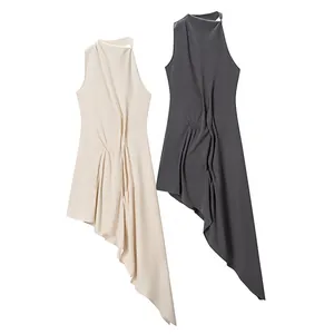 Women Sexy Sleeveless Asymmetric Ruched Knit Maxi Dress European Fashion Hollow Out Slim Fit Solid Color Party Evening Dress