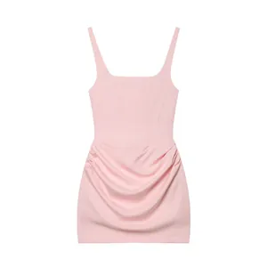 Elegant light pink sleeveless bodycon mini dress with ruched front and square neck.