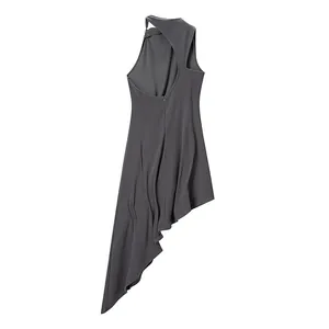 Detailed view of a dark grey sleeveless asymmetrical knit dress with a back cutout